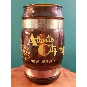 Vintage 1970s Atlantic City NJ Souvenir Mug Amber Glass Wooden Handle SiestaWare